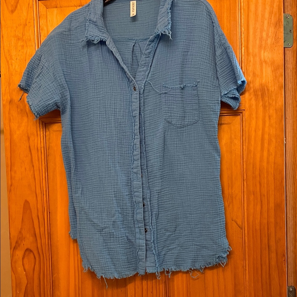 Blue Frayed Hem Women's Top